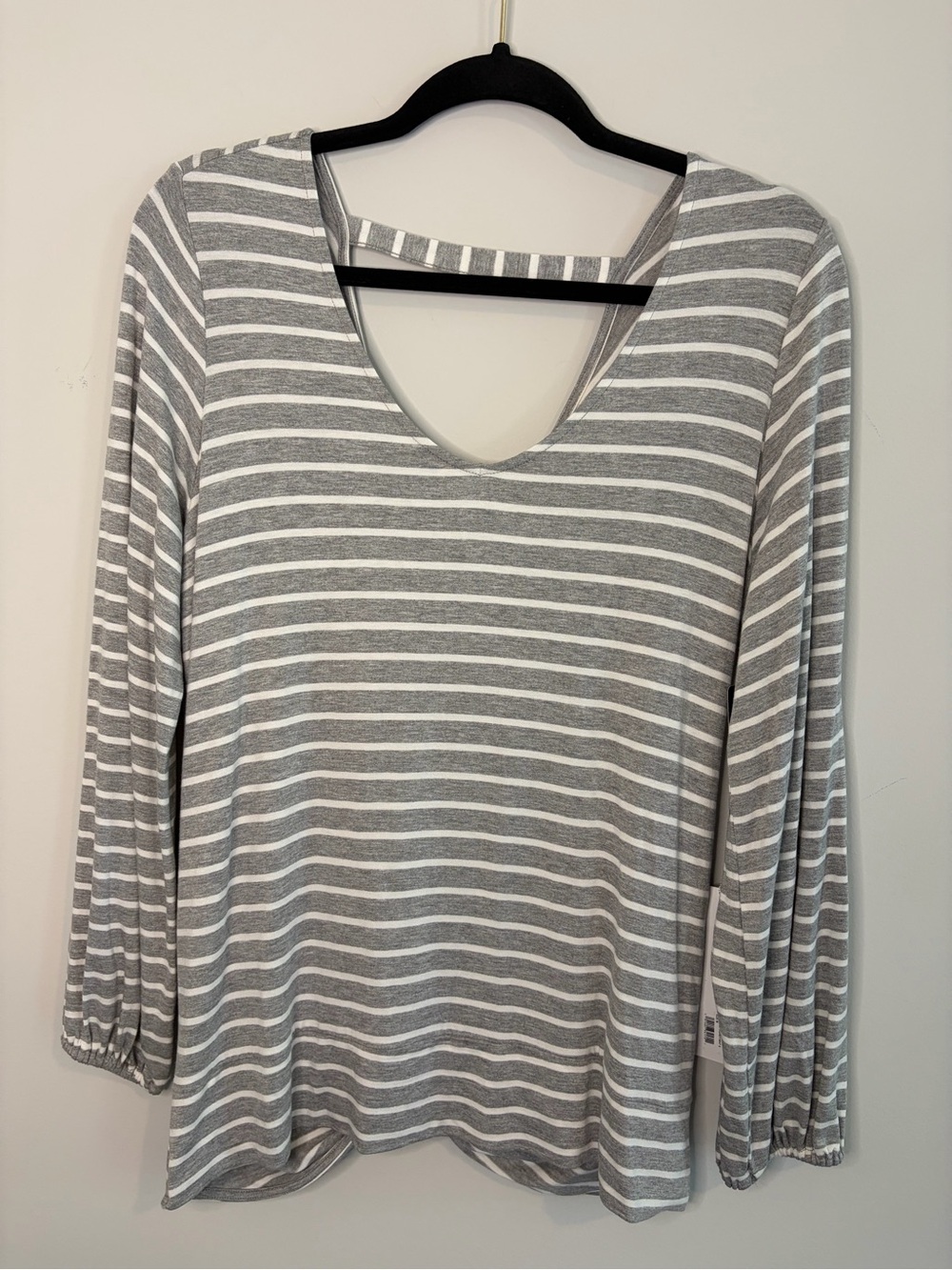 Liverpool Gray & White Striped V‑Neck Long Sleeve Top with Deep V Back
